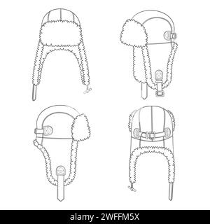 Set di illustrazioni in bianco e nero con berretto volante e copriauricolari. Oggetti vettoriali isolati su sfondo bianco. Illustrazione Vettoriale