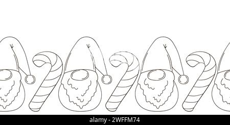 Gnomi di Natale scandinavi, canna da zucchero. Nuovo anno confine senza soluzione di continuità. Design colorante per carta, coperture, tessuti, decorazioni per interni e altri usi Illustrazione Vettoriale