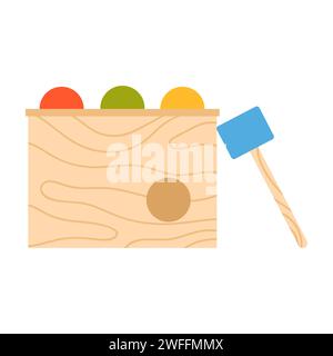Montessori gioco educativo. Giochi colorati in legno per bambini, illustrazioni vettoriali di cartoni animati Illustrazione Vettoriale