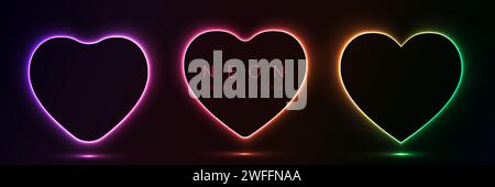 Set di colori neon luminosi a forma di cuore con linee dinamiche ondulate su sfondo nero. Bordo con cornice Love Light per badge, prezzo, l Illustrazione Vettoriale