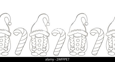 Gnomi di Natale scandinavi, canna da zucchero. Nuovo anno confine senza soluzione di continuità. Design colorante per carta, coperture, tessuti, interni e altri usi Illustrazione Vettoriale