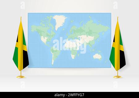 Mappa del mondo tra due bandiere giamaicane appese sul supporto. Illustrazione vettoriale per riunioni diplomatiche, conferenze stampa e altro. Illustrazione Vettoriale