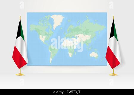 Mappa del mondo tra due bandiere appese del Kuwait in tribuna. Illustrazione vettoriale per riunioni diplomatiche, conferenze stampa e altro. Illustrazione Vettoriale