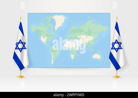 Mappa del mondo tra due bandiere di Israele appese sul supporto. Illustrazione vettoriale per riunioni diplomatiche, conferenze stampa e altro. Illustrazione Vettoriale