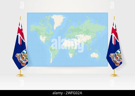 Mappa del mondo tra due bandiere appese delle Isole Falkland in tribuna. Illustrazione vettoriale per riunioni diplomatiche, conferenze stampa e altro. Illustrazione Vettoriale