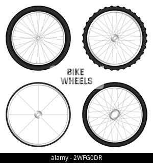 Ruote 3d realistiche per biciclette. Pneumatici in gomma, razze e cerchi in metallo lucido. Cyclette, escursioni, sport, Road e mountain bike. Vettore Illustrazione Vettoriale