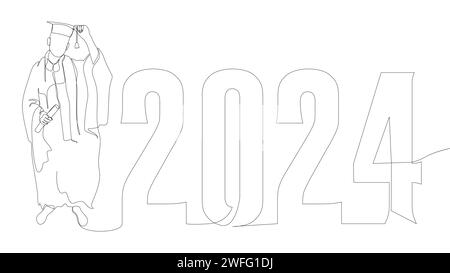 Una linea continua di laurea universitaria con il numero 2024. Concetto vettoriale illustrazione a linee sottili. Idee creative per disegnare contorni. Illustrazione Vettoriale