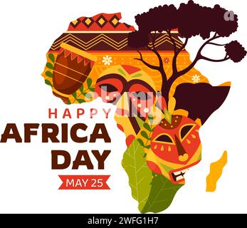 Illustrazione vettoriale della giornata dell'Africa felice il 25 maggio con la cultura figure tribali africane e animali tipici in Flora e fauna sfondo piatto di cartone animato Illustrazione Vettoriale