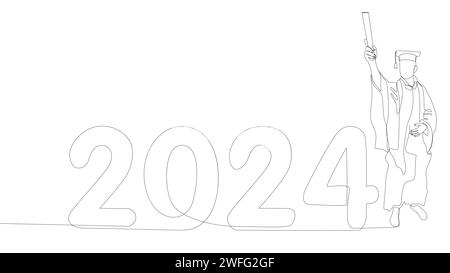 Una linea continua di laurea universitaria con il numero 2024. Concetto vettoriale illustrazione a linee sottili. Idee creative per disegnare contorni. Illustrazione Vettoriale