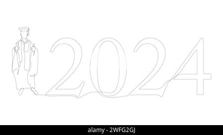 Una linea continua di laurea universitaria con il numero 2024. Concetto vettoriale illustrazione a linee sottili. Idee creative per disegnare contorni. Illustrazione Vettoriale