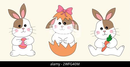 Coniglietto pasquale. Coniglio con uovo di Pasqua e carota, si siede in conchiglia con fiocco. Buona Pasqua. Illustrazione piatta vettoriale. Illustrazione Vettoriale