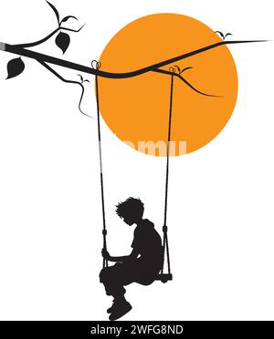 Ragazzo su un ramo al tramonto, illusione vettoriale. Silhouette maschile su una silhouette a ramo. Decalcomanie murali isolate su sfondo bianco, ART Illustrazione Vettoriale