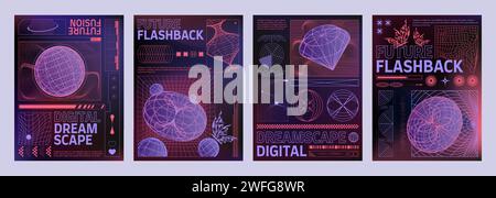 Layout per banner in stile retrò alla moda y2k con elementi geometrici a reticolo su sfondo sfumato. Poster vettoriale e modello di copertina in estetica anni '2000 con oggetti 3d decorativi a griglia. Illustrazione Vettoriale