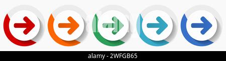 Freccia destra, serie di icone vettoriali successive, icone piatte per la progettazione di logo, Web design e applicazioni mobili, pulsanti rotondi colorati Illustrazione Vettoriale