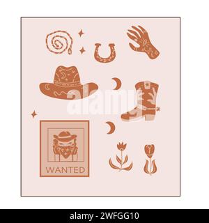Poster vettoriale disegnato a mano con elementi cowboy boho. Illustrazione vettoriale con fiori, scheda Wanted, stivale, mano, ferro di cavallo e corda. Può essere utilizzato per la decorazione. Illustrazione Vettoriale