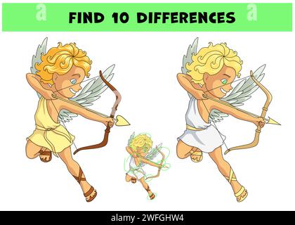 Trova 10 differenze. Gioco educativo per bambini con cartoni animati Cupido personaggio che spara una freccia. Puzzle di logica per bambini, rompicapo. La mano Illustrazione Vettoriale