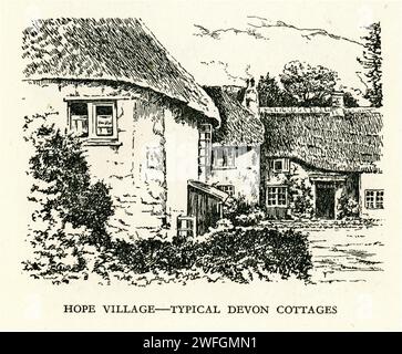 Schizzo a penna e inchiostro - Hope Village - tipico cottage del Devon. Dal libro Glorious Devon. Di S.P.B. Mais, pubblicato da London Great Western Railway Company, 1928 Foto Stock