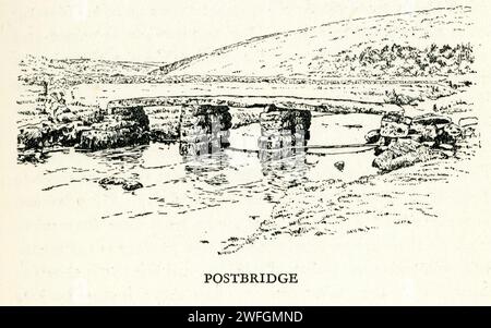 Schizzo a penna e inchiostro - il ponte di Clapper a Postbridge, Devon Postbridge è un piccolo borgo di Dartmoor e il suo ponte di clapper medievale, uno dei ponti di clapper meglio conservati su Dartmoor.illustrazione del libro Glorious Devon. Di S.P.B. Mais, pubblicato da London Great Western Railway Company, 1928 Foto Stock