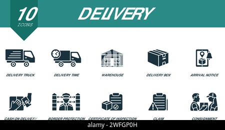 Set di icone di consegna. Icone creative: Veicolo di consegna, tempi di consegna, magazzino, scatola di consegna, avviso di arrivo, contanti alla consegna, protezione delle frontiere Illustrazione Vettoriale
