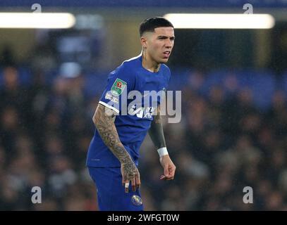 Enzo Fernandez di Chelsea. - Chelsea contro Middlesbrough, Carabao Cup, semifinale 2a tappa, Stamford Bridge Stadium, Londra, Regno Unito - 23 gennaio 2024. Solo per uso editoriale - si applicano le restrizioni DataCo. Foto Stock