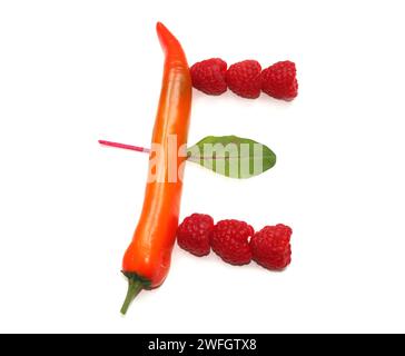 Lettera e di insalata verde, lampone, peperoncino alfabetico ABC maiuscole di peperoncino, pepe, e per testo, enciclopedia, libro di cucina, menu Foto Stock