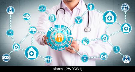 Giovani medici maschi condividono in modo sicuro i dati sanitari sensibili tra dispositivi mobili e pratiche mediche. Concetto IT per la cybersicurezza e sicurezza i Foto Stock