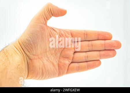 Mano di un bambino piccolo che tiene alcuni come una carta bianca isolata su uno sfondo bianco. Mani, gesti, segni, puntare, tenere, segnalazione, pugno, vict Foto Stock