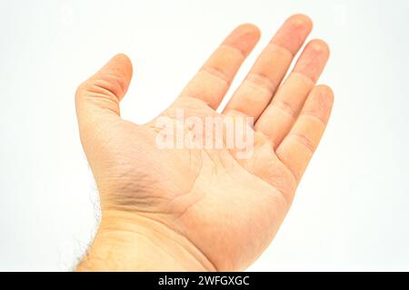 Mano di un bambino piccolo che tiene alcuni come una carta bianca isolata su uno sfondo bianco. Mani, gesti, segni, puntare, tenere, segnalazione, pugno, vict Foto Stock