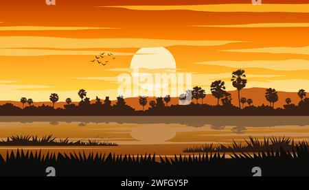 Vita rurale tailandese e laghetto al tramonto con palme, illusione vettoriale Illustrazione Vettoriale