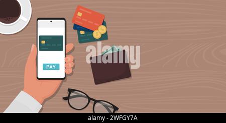 Uomo d'affari che effettua un pagamento digitale utilizzando un portafoglio elettronico, un concetto di online banking, un banner con spazio per la copia Illustrazione Vettoriale