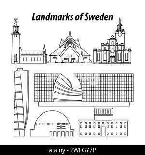 Set di famosi luoghi di interesse della Svezia con stile di contorno silhouette, illustrazione vettoriale Illustrazione Vettoriale