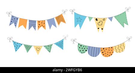 Flag garland Bunting Heart, set di appartamenti per feste di compleanno. Anniversario, festa di festa con bandiere appese collezione di cartoni animati. Buntings pennant, festival Illustrazione Vettoriale