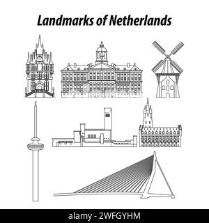 Set di famosi punti di riferimento olandesi per stile silhouette, illustrazione vettoriale Illustrazione Vettoriale