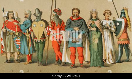 Storia della Germania. xiv secolo. Da sinistra a destra, 1: Conte di Turingia, 2-5-8: cavalieri in abito da battaglia, 3-4: Gente comune armata, 6-7: Nobili dames. Cromolitografia. Historia Universal, di César Cantú. Volume vi, 1885. Foto Stock