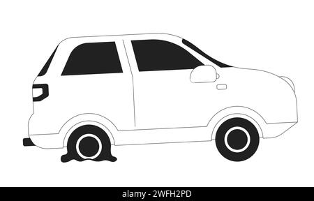 Auto incidente con pneumatico sgonfio oggetto cartoon 2D bianco e nero Illustrazione Vettoriale