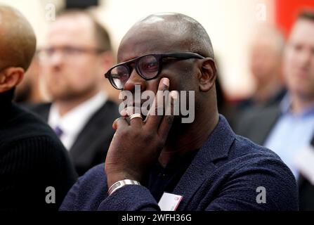 L'ex calciatore Lilian Thuram durante la Racial and Gender Equity nella European Football Conference al City Ground di Nottingham. La conferenza, volta ad affrontare le questioni del razzismo e della disuguaglianza di genere nel calcio europeo, è sostenuta dal proprietario forestale Evangelos Marinakis. Data foto: Mercoledì 31 gennaio 2024. Foto Stock