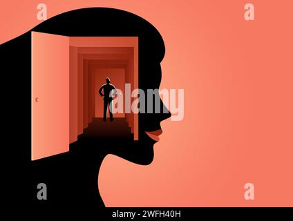 L'uomo entra più in profondità nella mente umana attraverso più porte, capisce la mente umana, la psicologia dell'uomo, l'illustrazione vettoriale Illustrazione Vettoriale