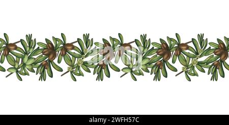 Il bordo è un modello di rami di argan con noci. Cornice ad acquerello per un'etichetta dell'olio con dadi e foglie verdi. Disegno a mano libera senza interruzioni. Foto Stock
