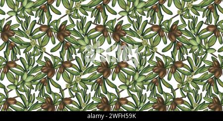 Il modello è un modello di rami di un albero di argan con noci. Motivo acquerello per tessuti, carta da parati, carta da rivestimento, web.design. Senza interruzioni Foto Stock