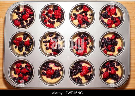 muffin ai mirtilli e lamponi prima di cuocere Foto Stock