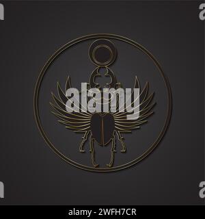 Corna di scarabeo sacro egiziano con ali. Logo nero, silhouette dorata. Insetto vettoriale isolato su sfondo nero. Simbolo dell'antico Illustrazione Vettoriale