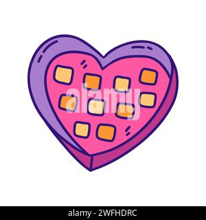 Caramelle in scatola a forma di cuore. Dolce omaggio per San Valentino, omaggio al cioccolato. Illustrazione colorata isolata vettoriale disegnata a mano Illustrazione Vettoriale