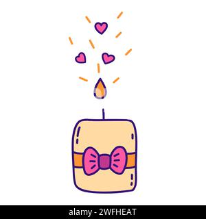 La candela nell'amore brucia e rilascia i cuori dalla fiamma. Concetto di San Valentino. Illustrazione vettoriale isolata colorata, disegno a mano, clip per doodle. Febbraio Illustrazione Vettoriale
