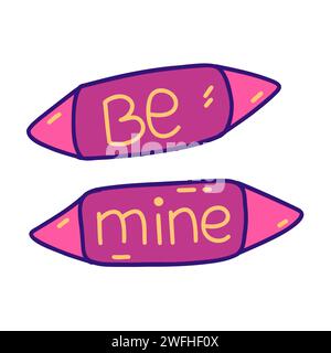 Due caramelle in involucro rosa con l'iscrizione Be Mine. Dolce omaggio per l'amato San Valentino. Confessione di sentimenti. Colorato vettore isolato Illustrazione Vettoriale