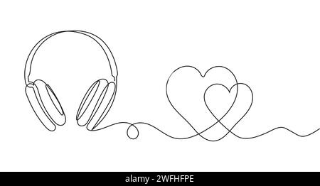 Cuffie con cuore in stile a linea continua. Biglietto d'invito di San Valentino in stile outline. Illustrazione Vettoriale