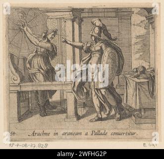 Minerva trasforma Arachne in un spin, Antonio tempesta, stampa del 1606 Minerva trasforma Arachne in un ragno, perché Arachne ha perso un match di tessitura. Titolo in latino in STUDMARGE. Stampatore: Italypublisher: Ragni per incidere la carta di Anversa. Arachne si trasformò in un ragno: Quando si impiccò dopo essere stata sconfitta in una gara di tessitura con Minerva, Arachne fu trasformata in un ragno dalla dea (Ovidio, Metamorfosi vi 135) Foto Stock