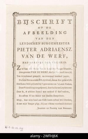 Foglio di testo appartenente al ritratto di Pieter Adriaansz. Van der Werf, Johannes le Francq van Berkhey, 1774 foglio di testo appartenente al ritratto di Pieter Adriaansz. Van der Werf. Il testo ha diciotto regole in olandese, in un quadro. Stampa di carta da lettera Leiden Foto Stock