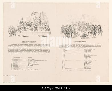 Dichiarazione e legenda alla sesta e settima stampa di Utrechtse Maskerade nel 1856, Willem Pieter Hoevenaar, 1856 Print Magazine con una dichiarazione e una leggenda per la sesta e settima stampa di un gruppo di sette stampe con spiegazione della parata storica in Maskerade eseguita dagli studenti dell'Associazione mutua Fides della Utrecht Hogeschool il 25 giugno 1856 in occasione del celebrazione del suo 220° anniversario. Carta Utrecht letterpress stampa concorso studenti. Costumi usati nei concorsi Utrecht Foto Stock