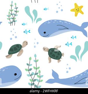 Modello senza cuciture con simpatici animali marini. Illustrazione Vettoriale