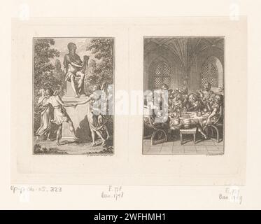 Due esibizioni alle poesie di Wilhelm Gottlieb Becker, Daniel Nikolaus Chodowiecki, stampa del 1794 Berlin paper etching Apollo Playing the lyre, Apollo Citharoedus. monumento, statua. balli di gruppo intorno a qualcuno o qualcosa (balli folcloristici). ubriachezza. pasto celebrativo, banchetto, banchetto Foto Stock